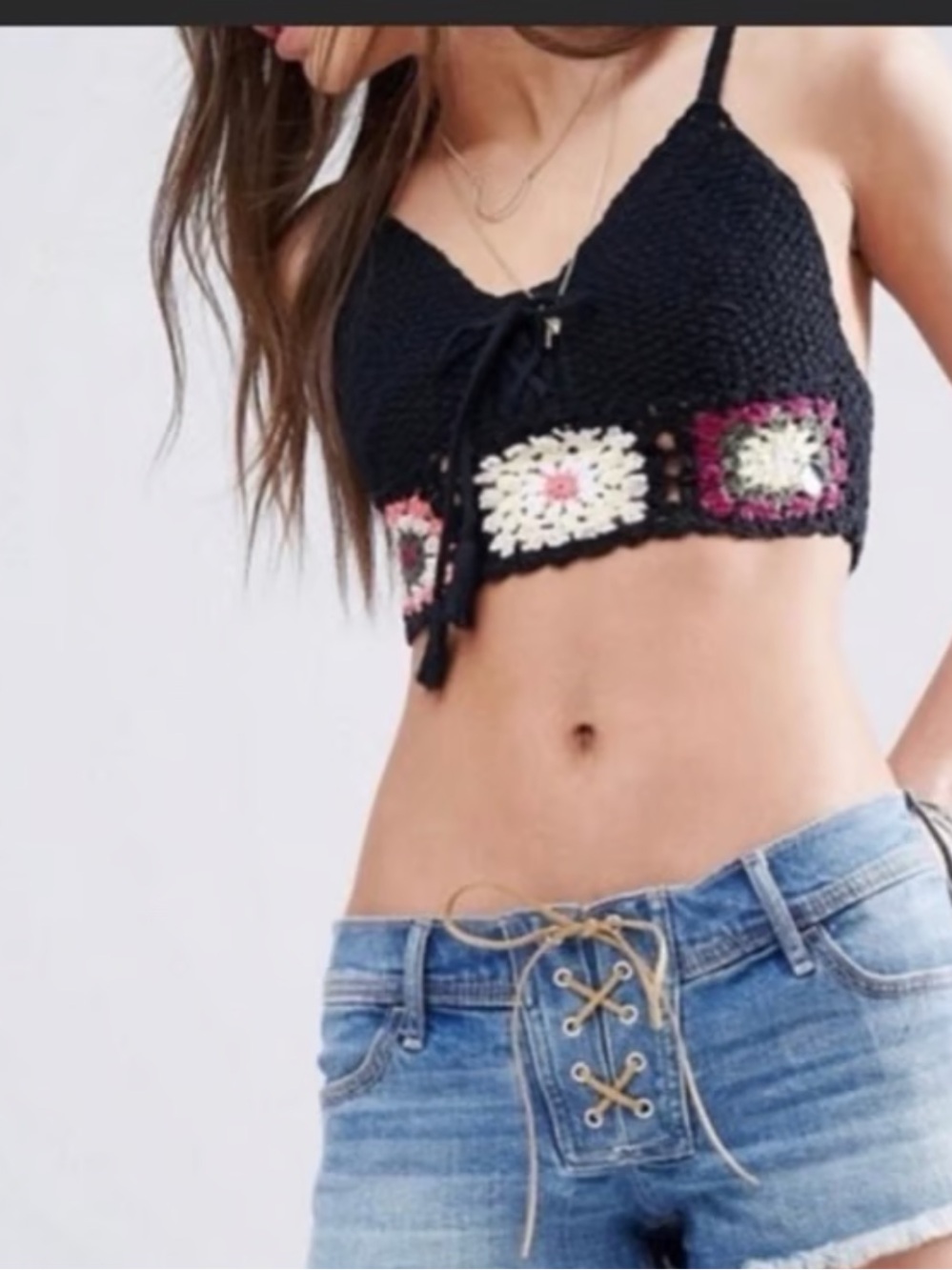 Hollister Black Crochet Crop top with Multicolor Floral Squares